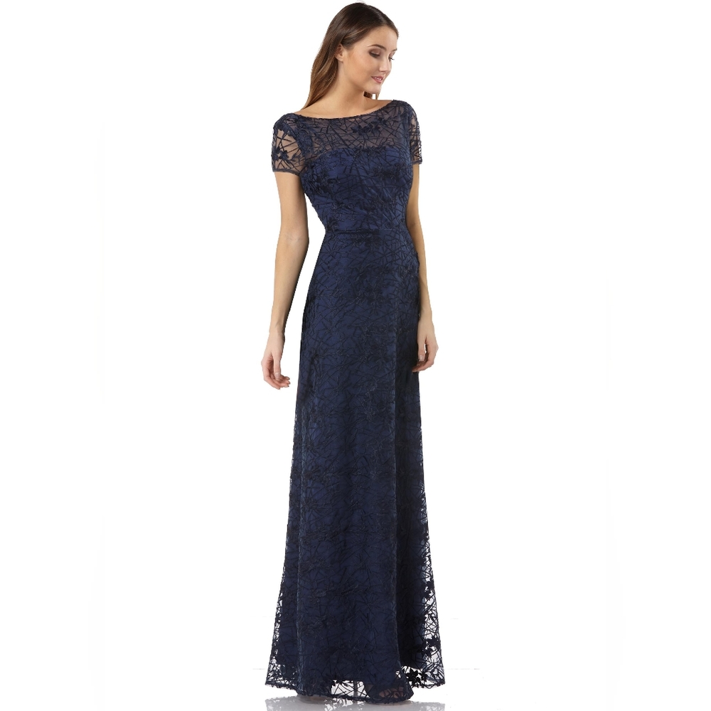 JS Collections Womens Embroidered Illusion Gown Navy